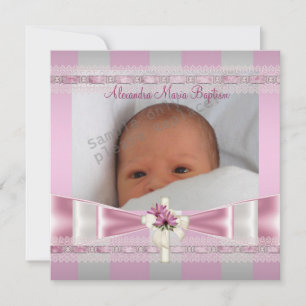 Invitation Photo Croix Baptême Christening Rayure Blanche Ros