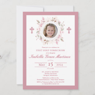 Invitation Photo Croix florale rose Première communion sainte