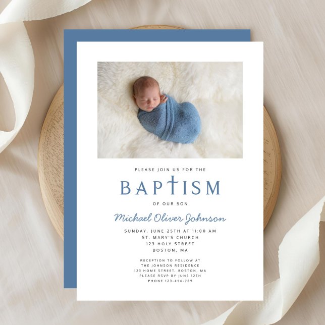 Invitation Photo Croix Religieuse Baptême Garçon Bleu (Photo Religious Cross Blue Boy Baptism Invitation)