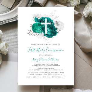 Invitation Photo Croix Turquoise Argent Floral Première commu