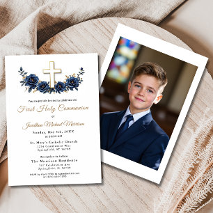 Invitation Photo Cross Navy Blue Gold Floral First Communion