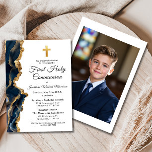 Invitation Photo Cross Navy Blue Gold Première communion