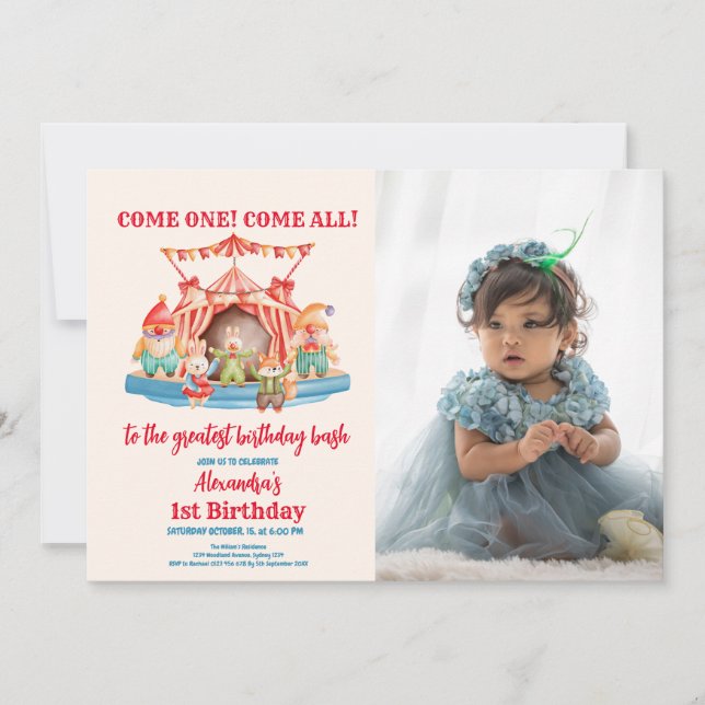 Invitation Photo Cute Circus Carnival Festival 1er anniversai (Devant)