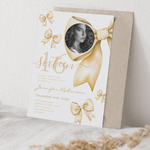 Invitation PHOTO Cute Coquette Gold Bow Sweet 16
