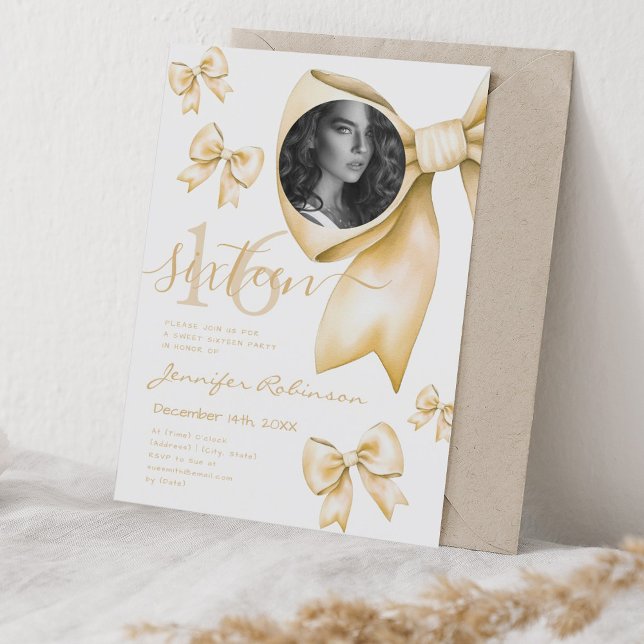 Invitation PHOTO Cute Coquette Gold Bow Sweet 16 (PHOTO Cute Coquette Gold Bow Sweet 16 Invitation)
