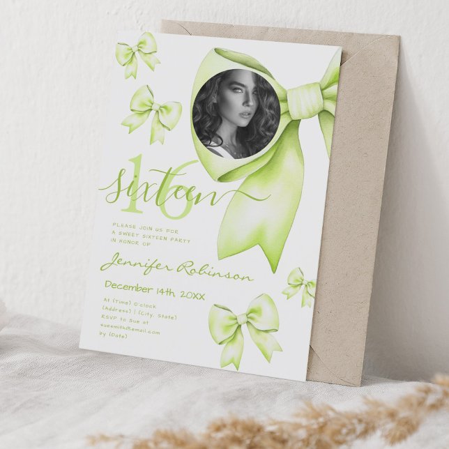 Invitation PHOTO Cute Coquette Lime Green Bow Sweet 16 (PHOTO Cute Coquette Lime Green Bow Sweet 16 Invitation)