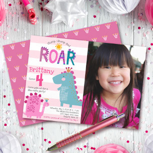 Invitation Photo Cute Dinosaur Stomp Chomp Roar Girl Annivers