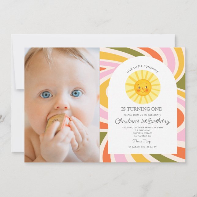 Invitation Photo Cute Sun Colorful Retro Wavy 1er anniversair (Devant)