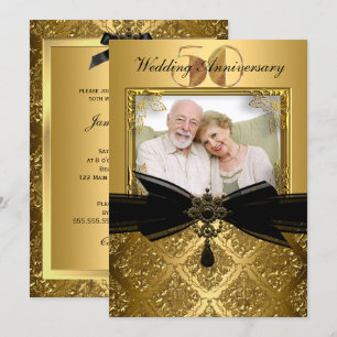 Invitation Photo Damask Noir Or 50e Anniversaire