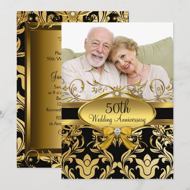 Invitation Photo Damask Noir Or 50e Anniversaire (Devant / Derrière)