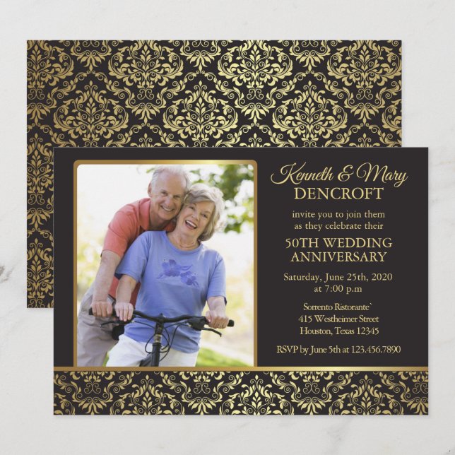 Invitation Photo Damask Or 50 Ans De Mariage (Devant / Derrière)