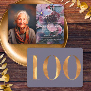 Invitation Photo d'anniversaire 100 ans avec Hortensias Or Po