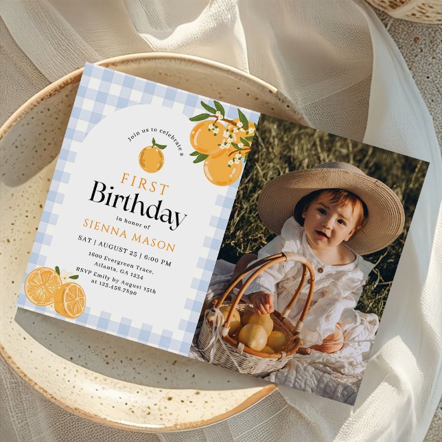 Invitation Photo d'anniversaire 1ère année Gingham Orange Cit (Créateur téléchargé)
