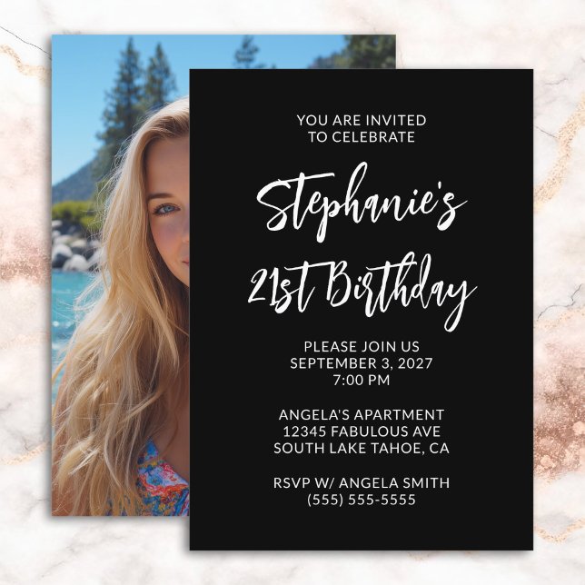 Invitation Photo d'anniversaire 21 ans écriture gras noir et  (Black and White Bold Script Photo 21st Birthday Invitation)