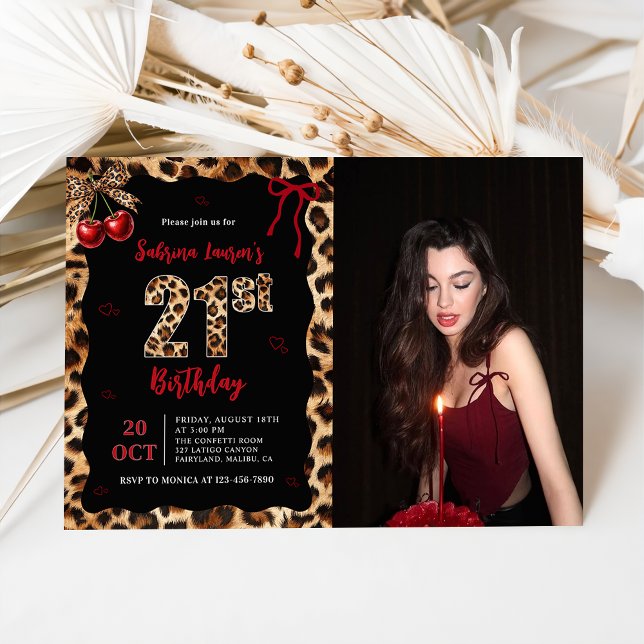 Invitation Photo d'anniversaire 21 ans Leopard Cheetah Cherry (Créateur téléchargé)