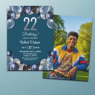 Invitation Photo d'anniversaire 22 ans Paillettes Bleu Élégan
