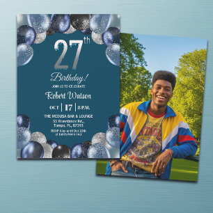 Invitation Photo d'anniversaire 27 ans Paillettes Bleu Élégan