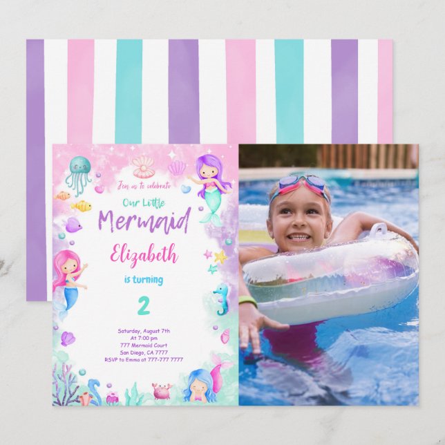 Invitation photo d'anniversaire 2 ans sirène (Devant / Derrière)