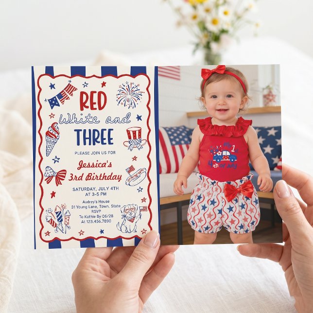 Invitation photo d'anniversaire 3 ans Rouge Blanc  (Créateur téléchargé)