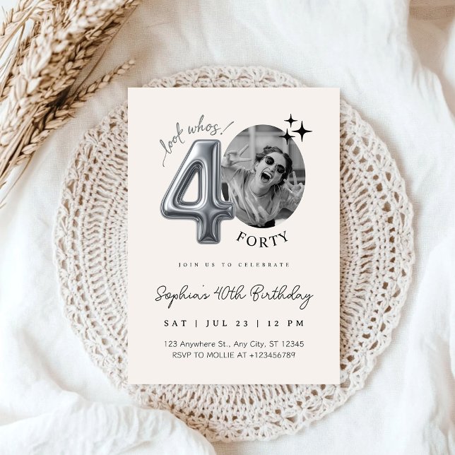 Invitation Photo d'anniversaire 40 ans Moderne Argent Beige (Créateur téléchargé)