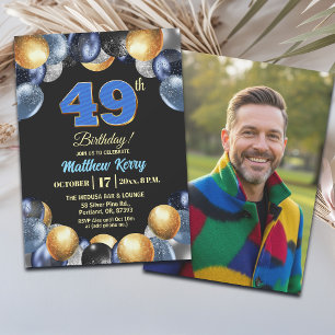 Invitation Photo d'anniversaire 49 ans Bleu Argent Or Élégant