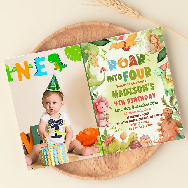 Invitation Photo d'anniversaire 4 ans Roar Four Dinosaur Gree (Créateur téléchargé)