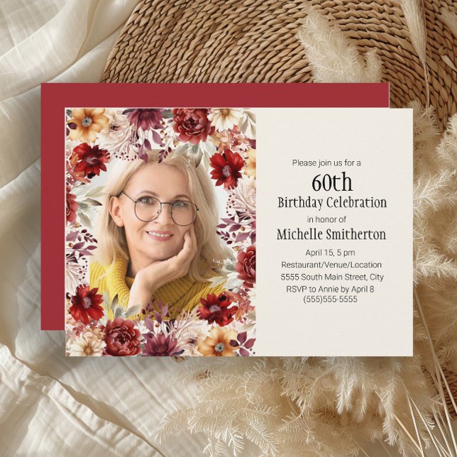Invitation photo d'anniversaire 60 ans à motif flo (Burgundy, rust, and cream-colored watercolor floral photo birthday party invitation)