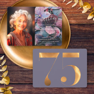 Invitation Photo d'anniversaire 75 ans avec hydrangeas or vio
