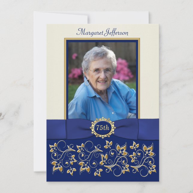 Invitation Photo d'anniversaire 75 ans Bleu, Ivoir (Devant)