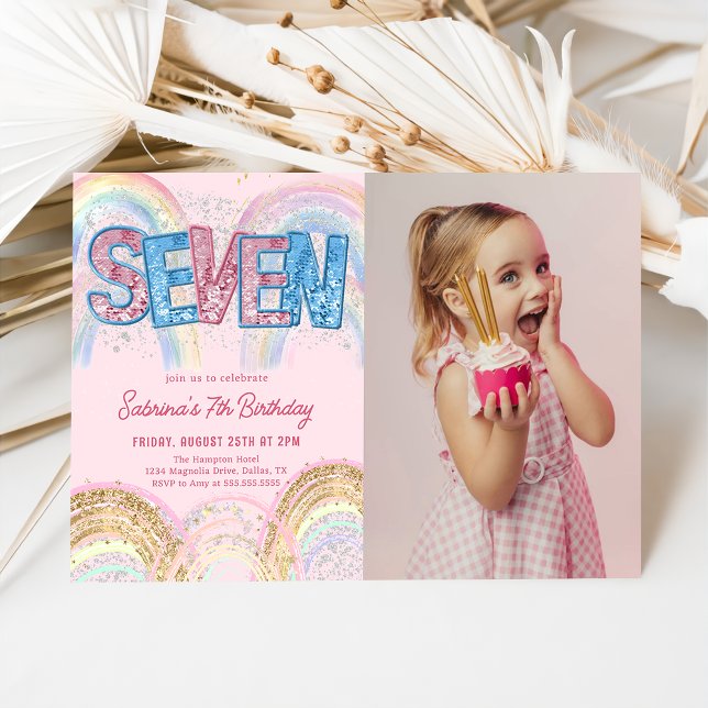 Invitation Photo d'anniversaire 7 ans Glitter Sequin Rainbow (Créateur téléchargé)