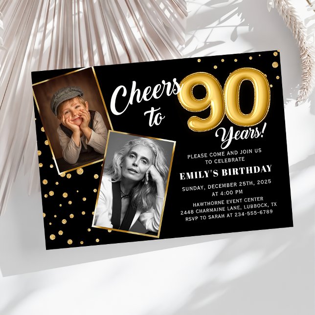 Invitation photo d'anniversaire 90 ans ballons or  (Créateur téléchargé)