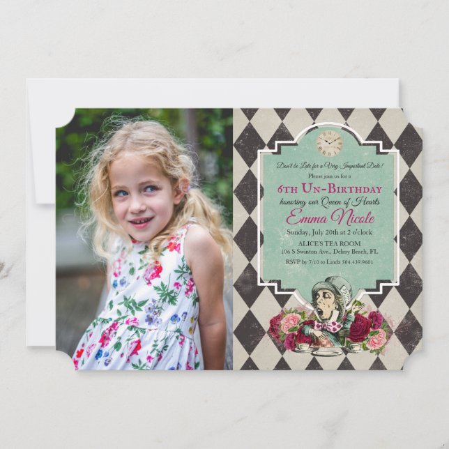 Invitation photo d'anniversaire Alice au pays des  (Devant)