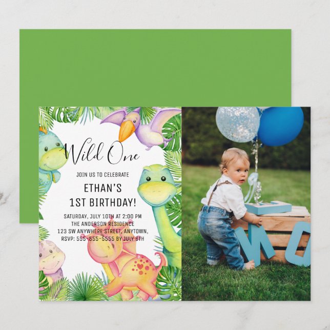 Invitation Photo d'anniversaire aquarelle dinosaure premier a (Devant / Derrière)