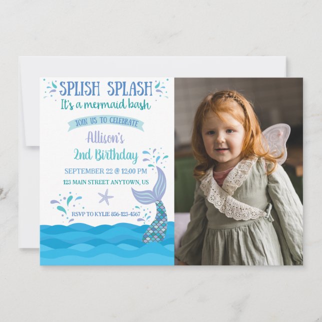 Invitation Photo d'anniversaire Blue Mermaid Splash Bash (Devant)