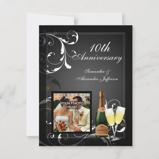 Invitation Photo d'anniversaire Champagne Noir et Blanc Argen (Devant)