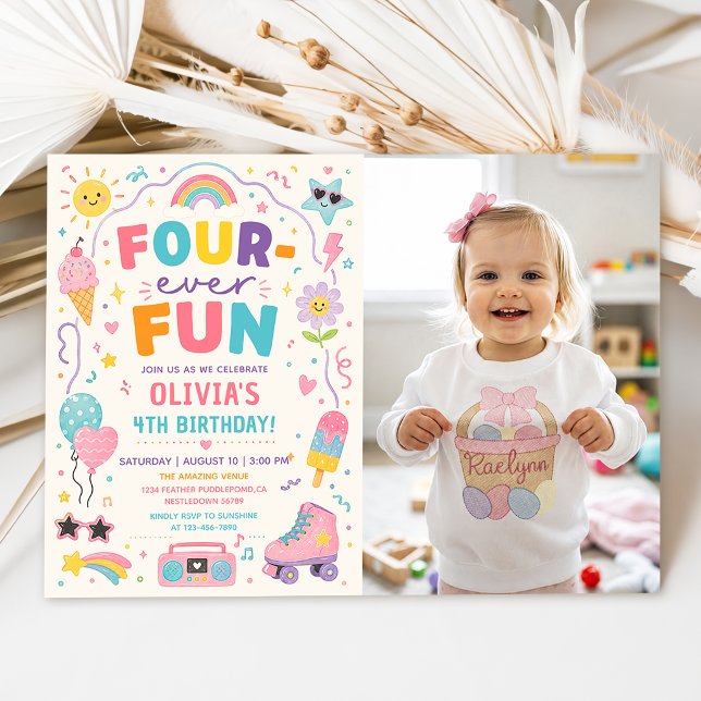 Invitation Photo d'anniversaire coloré Four-Ever Fun (Créateur téléchargé)