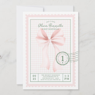 Invitation Photo d'anniversaire Coquette Rose Ruban Gingham