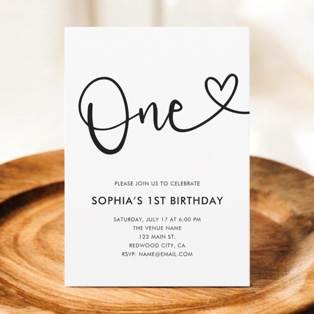 Invitation Photo d'anniversaire de 1 an avec écriture cœur (Créateur téléchargé)