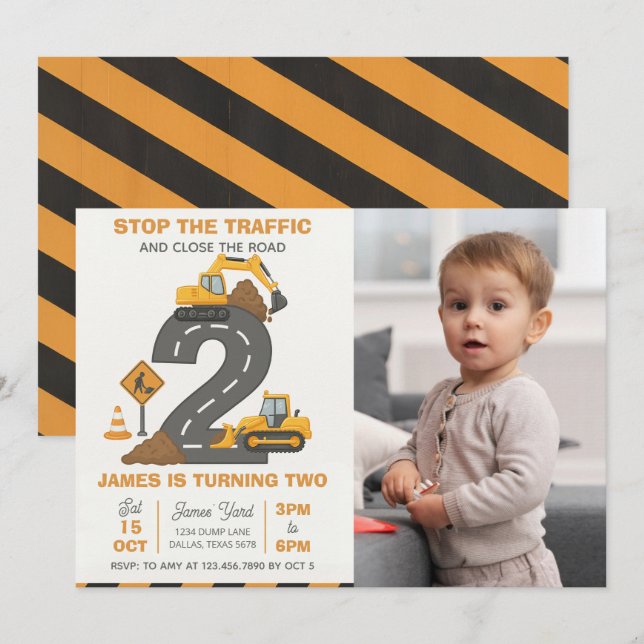 Invitation Photo d'anniversaire de 2 ans de construction de c (Devant / Derrière)