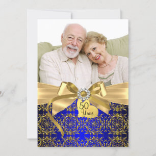 Invitation Photo d'anniversaire de 50 ans en damas or et bleu