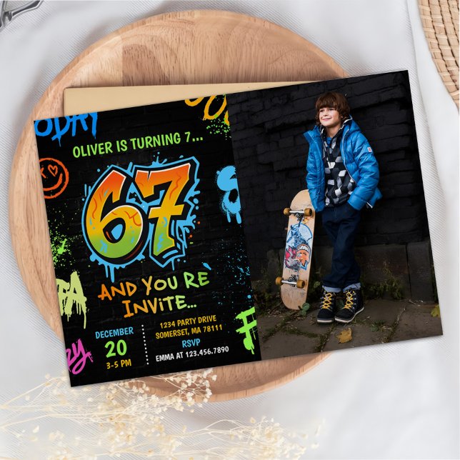 Invitation Photo d'anniversaire de 7 ans de Neon Graffiti Six (Créateur téléchargé)