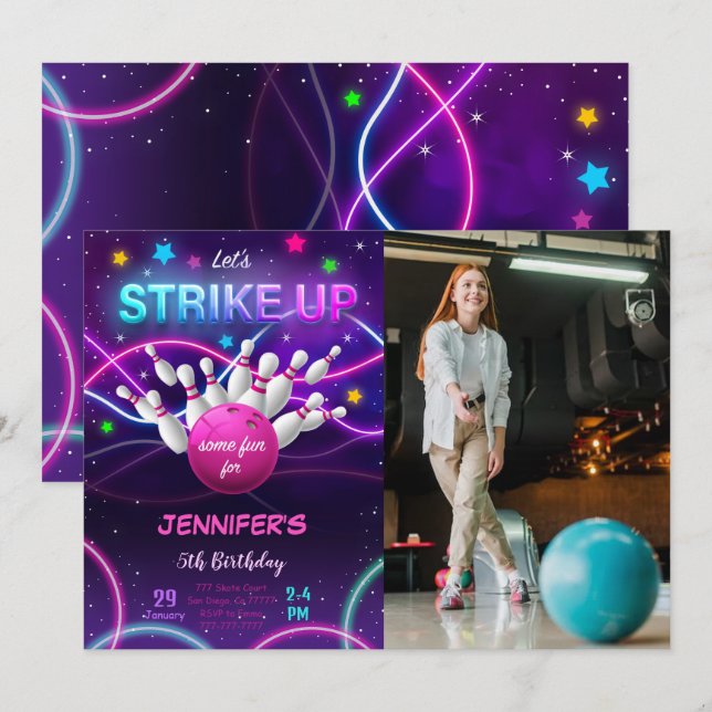 Invitation photo d'anniversaire de bowling pour fi (Devant / Derrière)