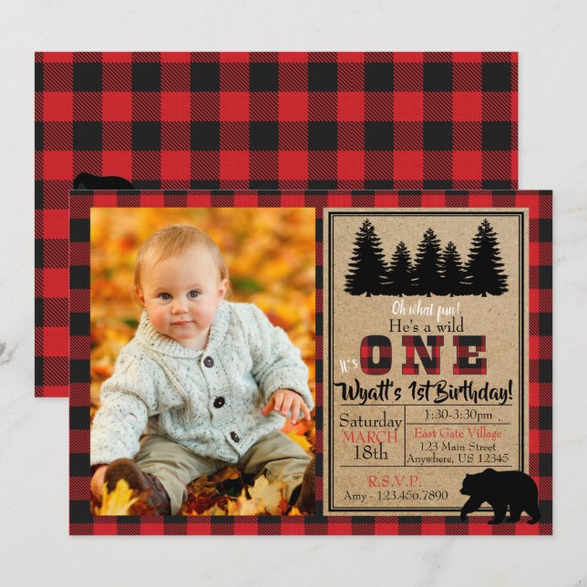 Invitation photo d'anniversaire de Buffalo Plaid (Devant / Derrière)