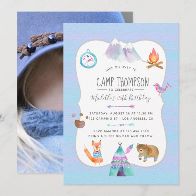 Invitation photo d'anniversaire de camping à l'aqu (Devant / Derrière)