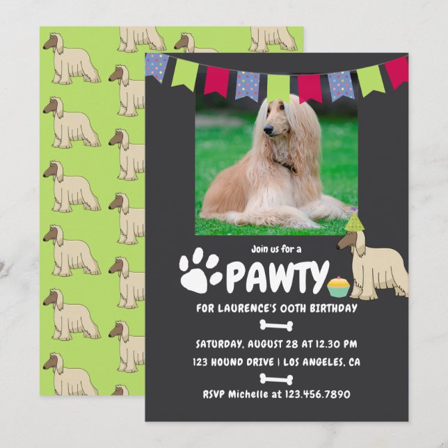 Invitation photo d'anniversaire de chien Afghan Ho (Devant / Derrière)