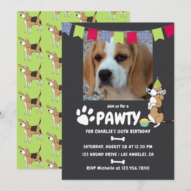 Invitation photo d'anniversaire de chien Beagle (Devant / Derrière)