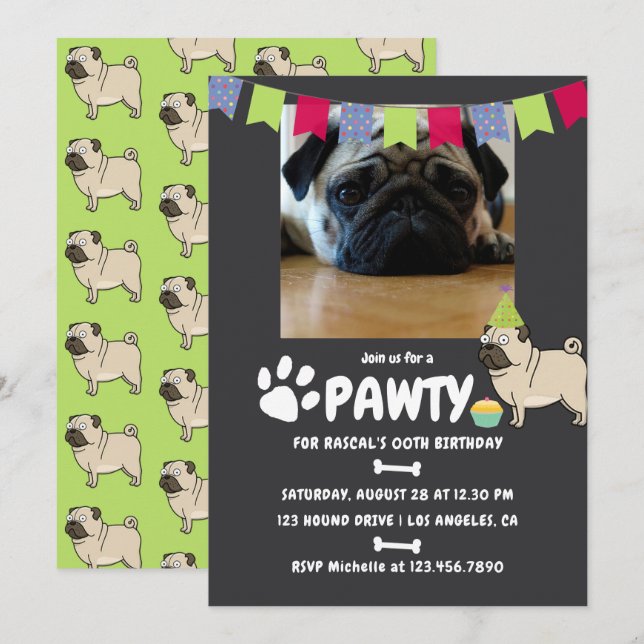 Invitation photo d'anniversaire de chien Pug (Devant / Derrière)