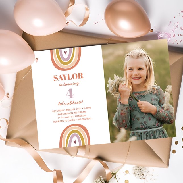 Invitation Photo d'Anniversaire de Cute Boho Rainbow Peach (Créateur téléchargé)