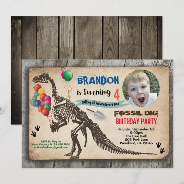 Invitation photo d'anniversaire de Dinosaur à creu (Devant / Derrière)
