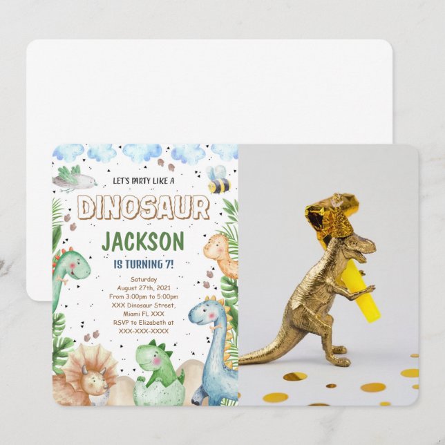 Invitation photo d'anniversaire de dinosaure (Devant / Derrière)